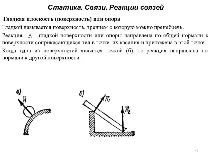 Статика. Связи. Реакции связей Гладкая плоскость (поверхность) или опора Гладкой называется поверхность,