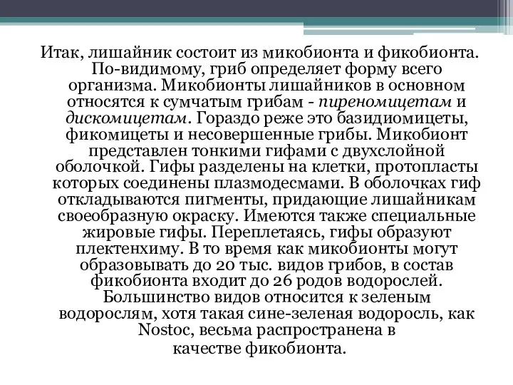 Итак, лишайник состоит из микобионта и фикобионта. По-видимому, гриб определяет форму всего