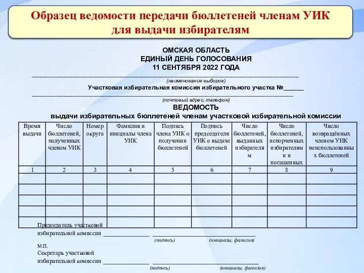 Образец ведомости передачи бюллетеней членам УИК для выдачи избирателям ОМСКАЯ ОБЛАСТЬ ЕДИНЫЙ