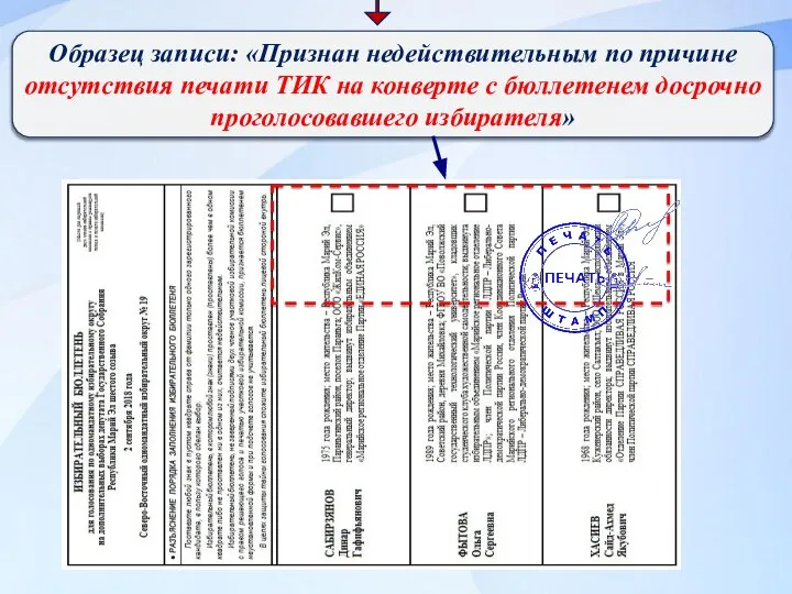 Образец записи: «Признан недействительным по причине отсутствия печати ТИК на конверте с бюллетенем досрочно проголосовавшего избирателя»