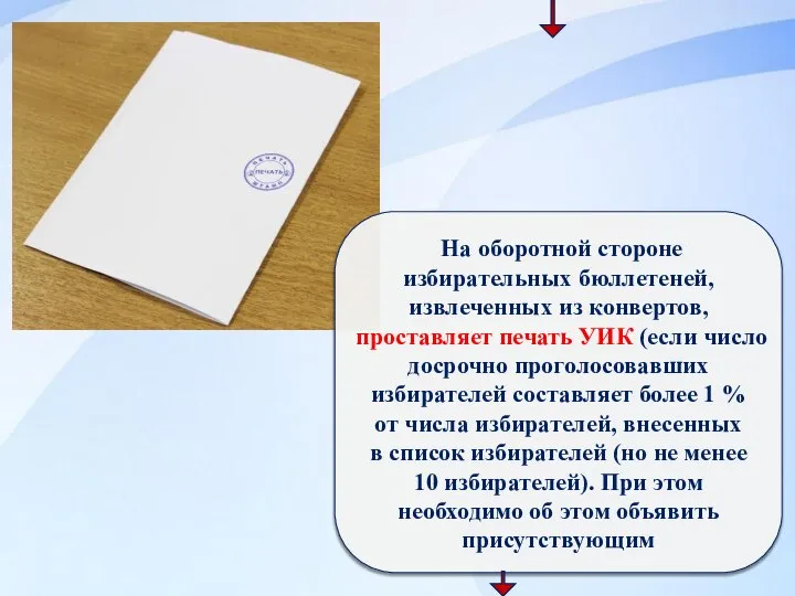 На оборотной стороне избирательных бюллетеней, извлеченных из конвертов, проставляет печать УИК (если