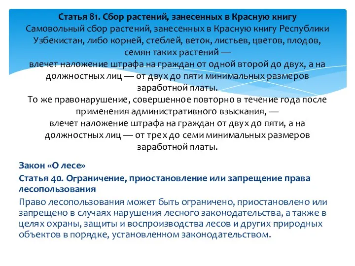 Закон «О лесе» Статья 40. Ограничение, приостановление или запрещение права лесопользования Право