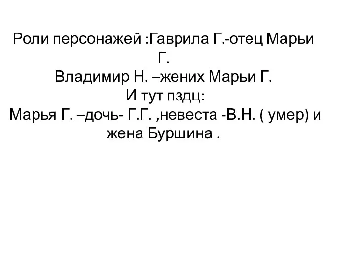 Роли персонажей :Гаврила Г.-отец Марьи Г. Владимир Н. –жених Марьи Г. И