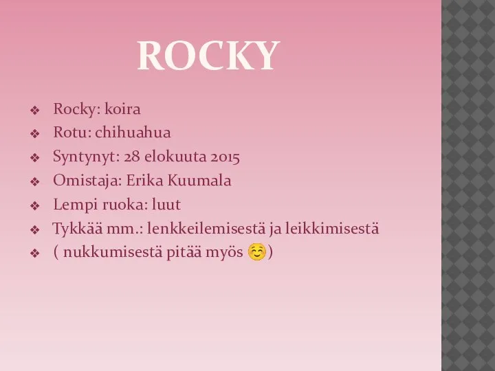 ROCKY Rocky: koira Rotu: chihuahua Syntynyt: 28 elokuuta 2015 Omistaja: Erika Kuumala