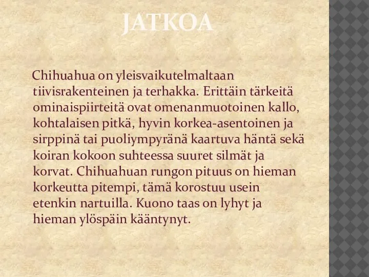 JATKOA Chihuahua on yleisvaikutelmaltaan tiivisrakenteinen ja terhakka. Erittäin tärkeitä ominaispiirteitä ovat omenanmuotoinen