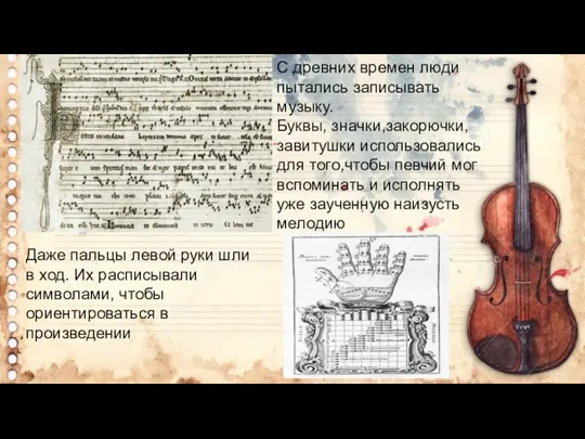 С древних времен люди пытались записывать музыку. Буквы, значки,закорючки, завитушки использовались для