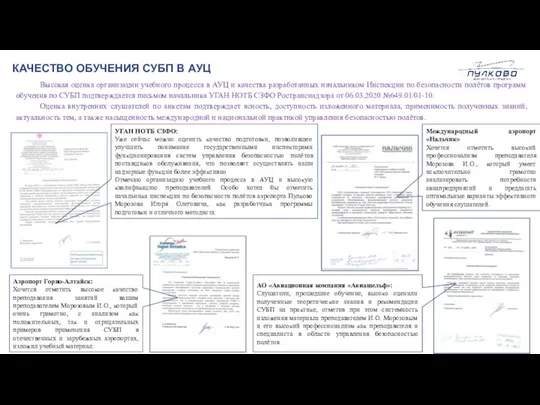 КАЧЕСТВО ОБУЧЕНИЯ СУБП В АУЦ Высокая оценка организации учебного процесса в АУЦ