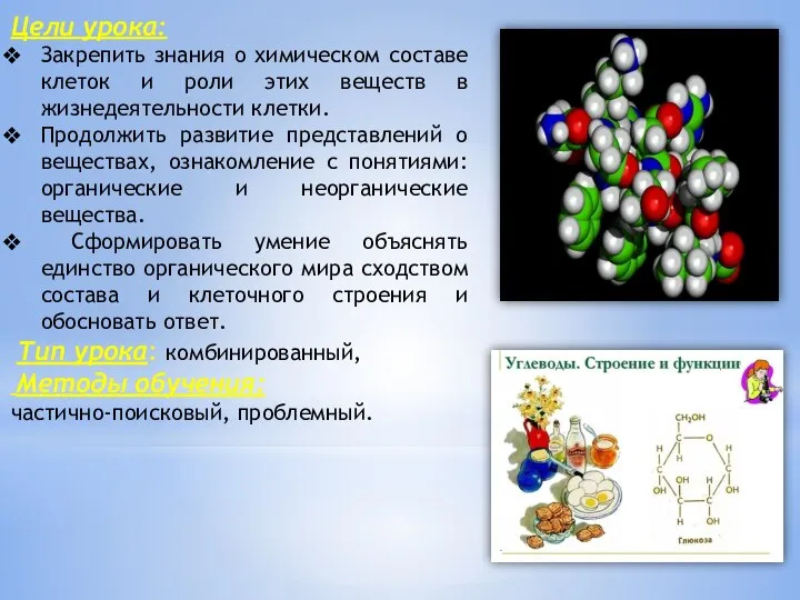 Цели урока: Закрепить знания о химическом составе клеток и роли этих веществ