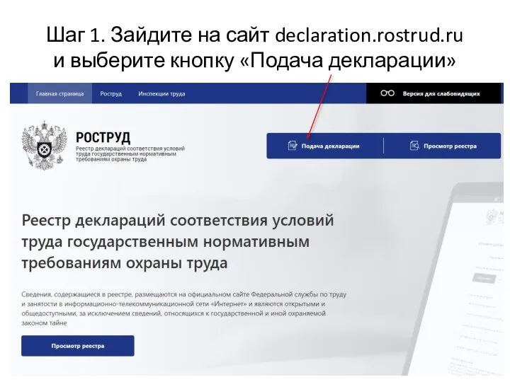 Шаг 1. Зайдите на сайт declaration.rostrud.ru и выберите кнопку «Подача декларации»