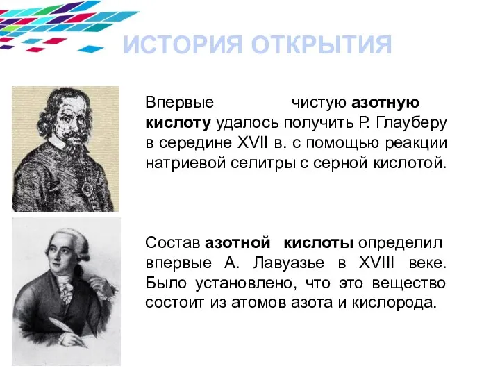 ИСТОРИЯ ОТКРЫТИЯ Впервые чистую азотную кислоту удалось получить Р. Глауберу в середине