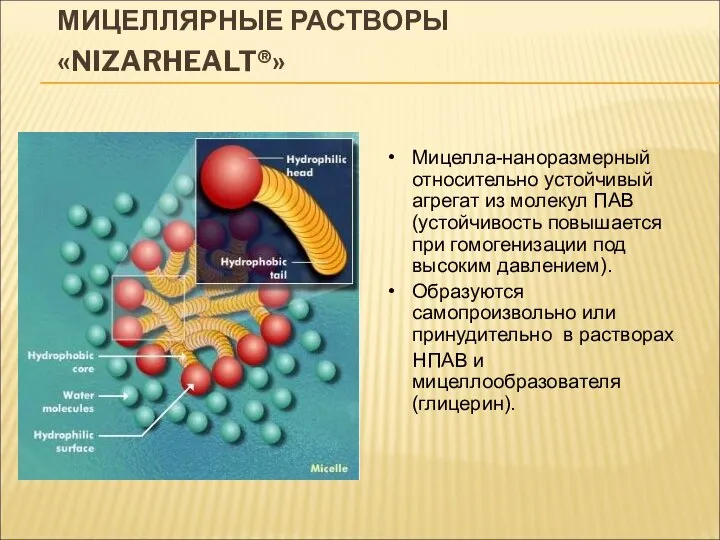 МИЦЕЛЛЯРНЫЕ РАСТВОРЫ «NIZARHEALT®» Мицелла-наноразмерный относительно устойчивый агрегат из молекул ПАВ (устойчивость повышается