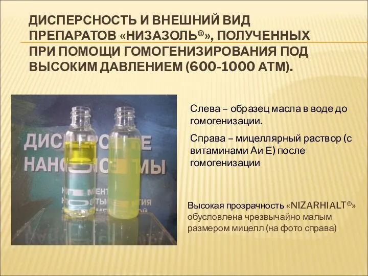 ДИСПЕРСНОСТЬ И ВНЕШНИЙ ВИД ПРЕПАРАТОВ «НИЗАЗОЛЬ®», ПОЛУЧЕННЫХ ПРИ ПОМОЩИ ГОМОГЕНИЗИРОВАНИЯ ПОД ВЫСОКИМ