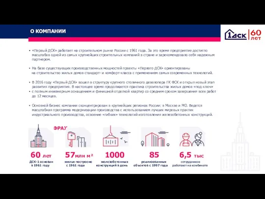 О КОМПАНИИ «Первый ДСК» работает на строительном рынке России с 1961 года.