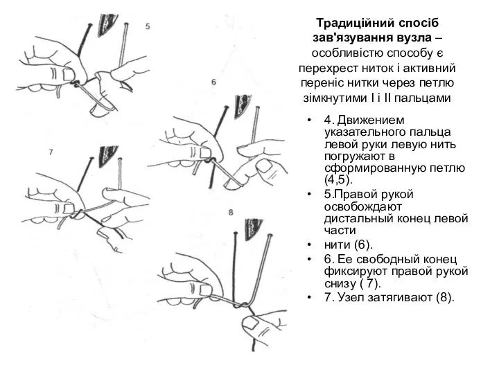Традиційний спосіб зав'язування вузла – особливістю способу є перехрест ниток і активний
