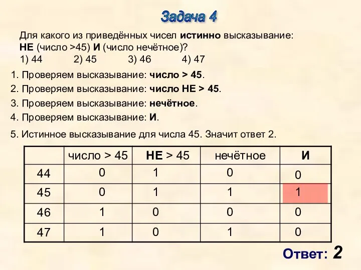 Ответ: 2 Задача 4 1. Проверяем высказывание: число > 45. 0 0