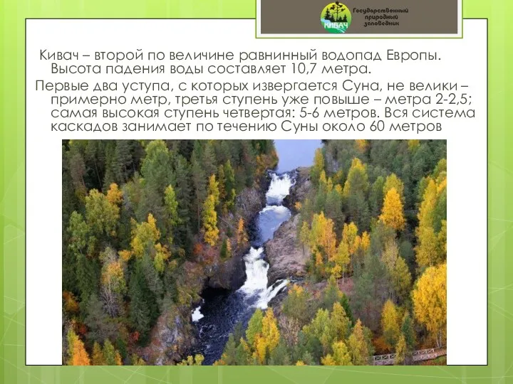 Кивач – второй по величине равнинный водопад Европы. Высота падения воды составляет