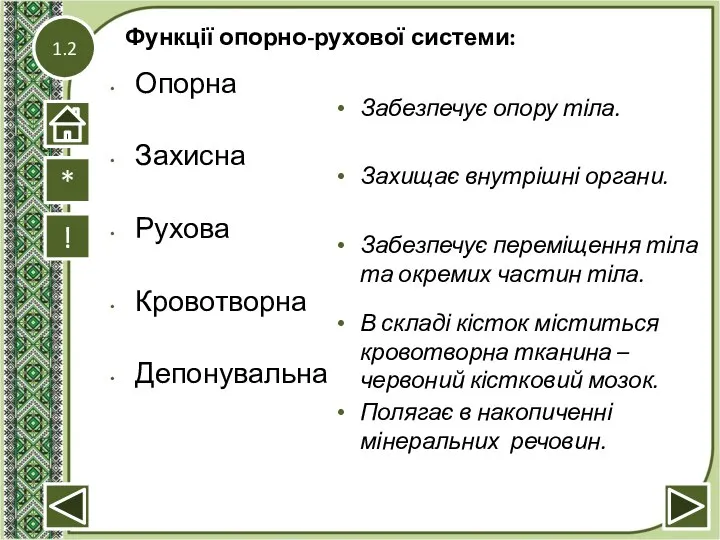 1.2 Функції опорно-рухової системи: ! Забезпечує опору тіла. Захищає внутрішні органи. Забезпечує