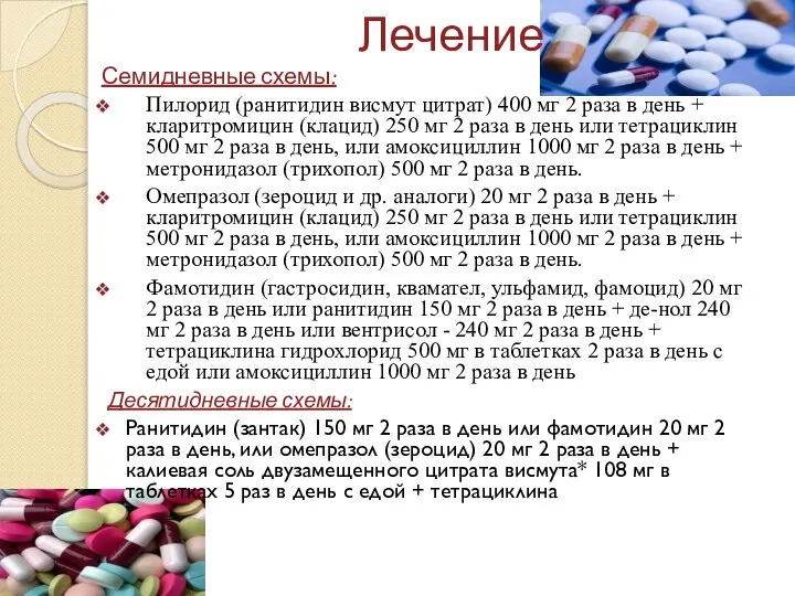 Лечение Семидневные схемы: Пилорид (ранитидин висмут цитрат) 400 мг 2 раза в