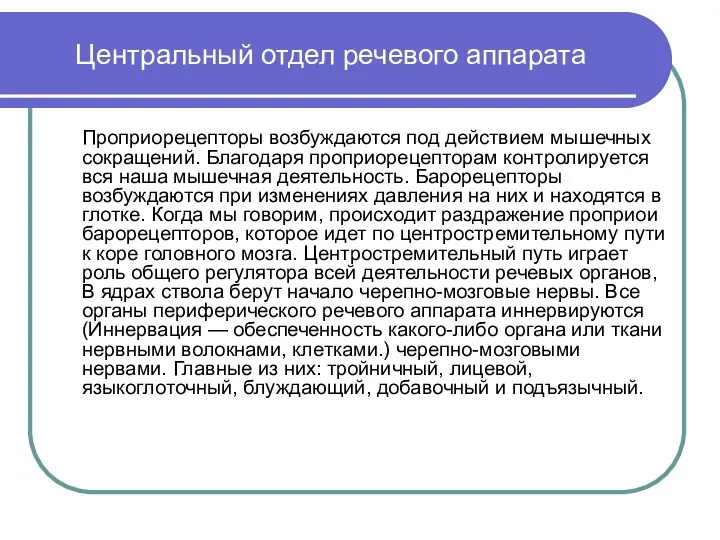 Центральный отдел речевого аппарата Проприорецепторы возбуждаются под действием мышечных сокращений. Благодаря проприорецепторам