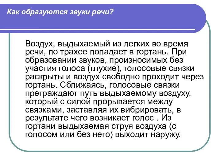 Как образуются звуки речи? Воздух, выдыхаемый из легких во время речи, по