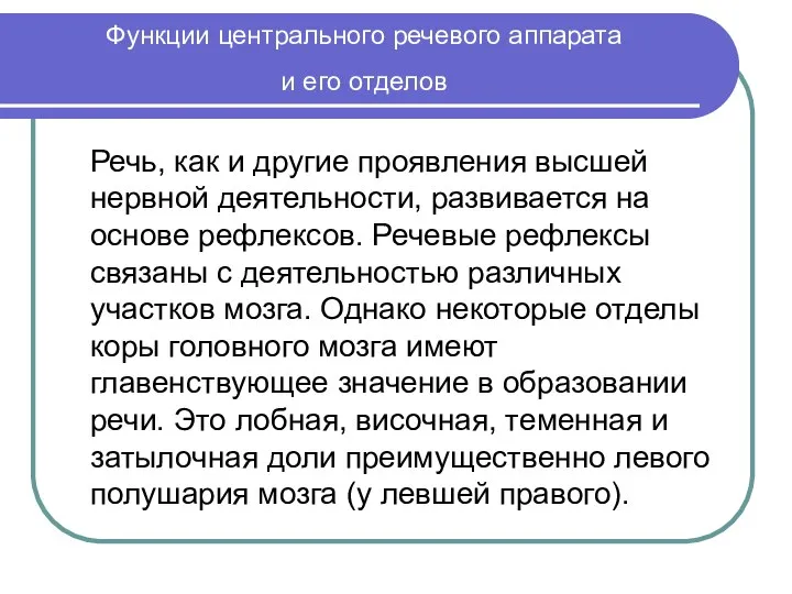 Функции центрального речевого аппарата и его отделов Речь, как и другие проявления