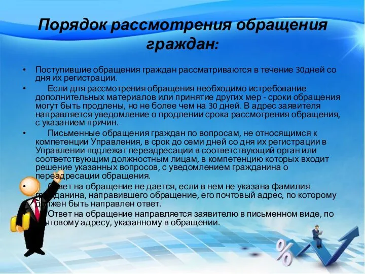 Порядок рассмотрения обращения граждан: Поступившие обращения граждан рассматриваются в течение 30дней со