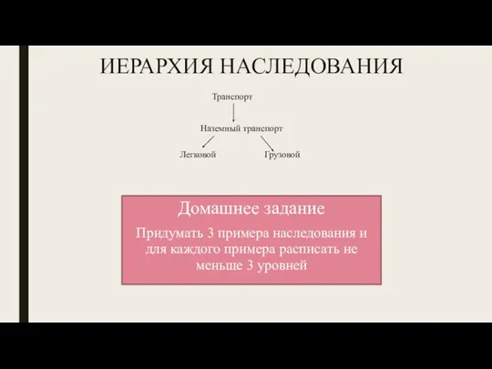 Домашнее задание Придумать 3 примера наследования и для каждого примера расписать не