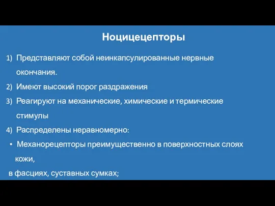 Ноцицецепторы Представляют собой неинкапсулированные нервные окончания. Имеют высокий порог раздражения Реагируют на