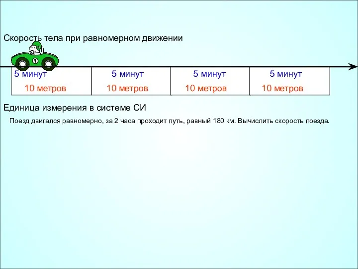 Скорость тела при равномерном движении Единица измерения в системе СИ 5 минут