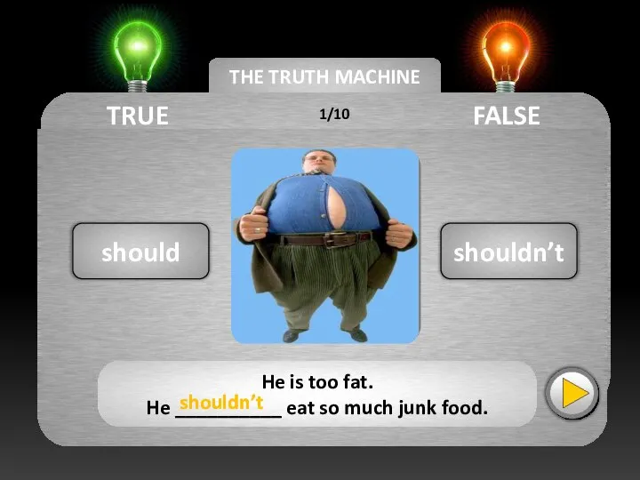 THE TRUTH MACHINE TRUE FALSE shouldn’t should He is too fat. He