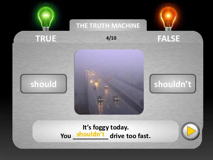 THE TRUTH MACHINE TRUE FALSE shouldn’t should It’s foggy today. You __________