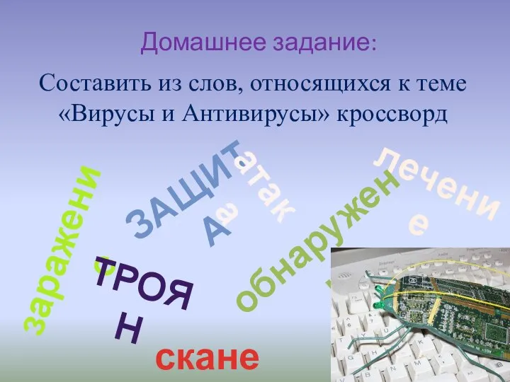 Домашнее задание: Составить из слов, относящихся к теме «Вирусы и Антивирусы» кроссворд