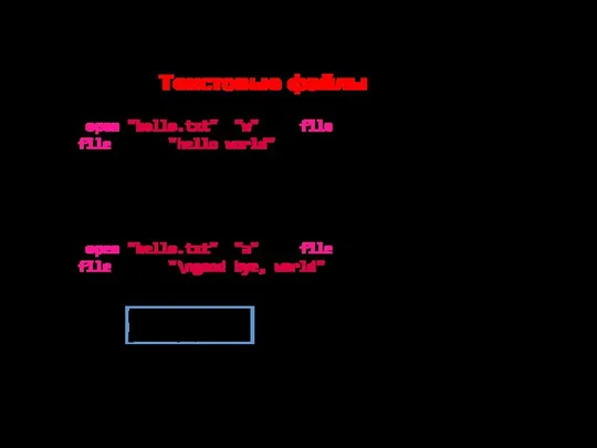 Текстовые файлы with open("hello.txt", "w") as file: file.write("hello world") with open("hello.txt", "a")