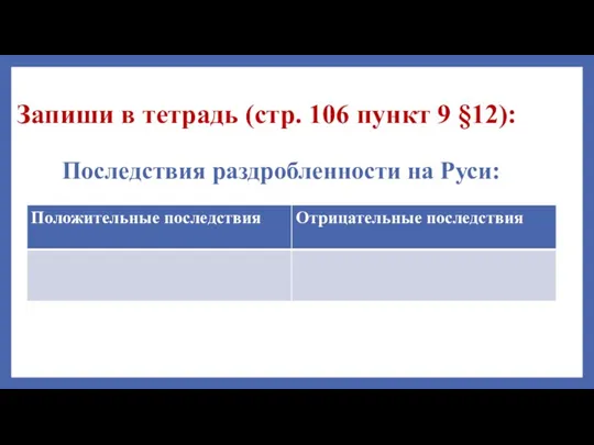 Запиши в тетрадь (стр. 106 пункт 9 §12): Последствия раздробленности на Руси: