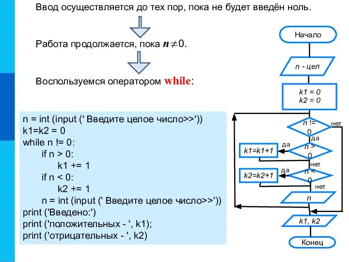 n = int (input (' Введите целое число>>')) k1=k2 = 0 while