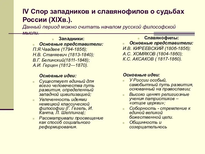 IV Спор западников и славянофилов о судьбах России (XIXв.). Данный период можно