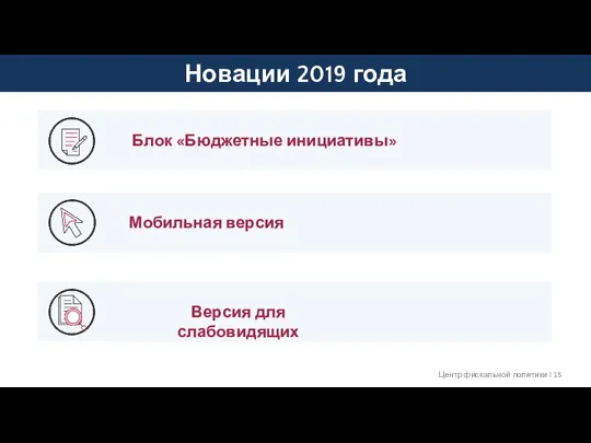 Новации 2019 года Центр фискальной политики I Блок «Бюджетные инициативы» Мобильная версия Версия для слабовидящих