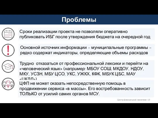 Проблемы Центр фискальной политики I Сроки реализации проекта не позволяли оперативно публиковать