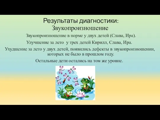 Результаты диагностики: Звукопроизношение Звукопроизношение в норме у двух детей (Слава, Ира). Улучшение