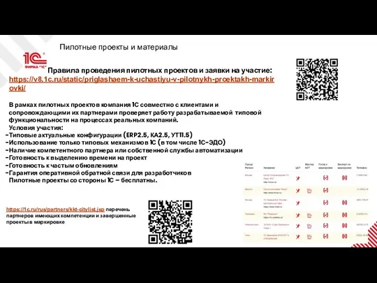 https://1c.ru/rus/partners/kkt-citylist.jsp перечень партнеров имеющих компетенции и завершенные проекты в маркировке Пилотные проекты