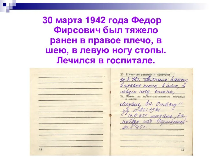 30 марта 1942 года Федор Фирсович был тяжело ранен в правое плечо,