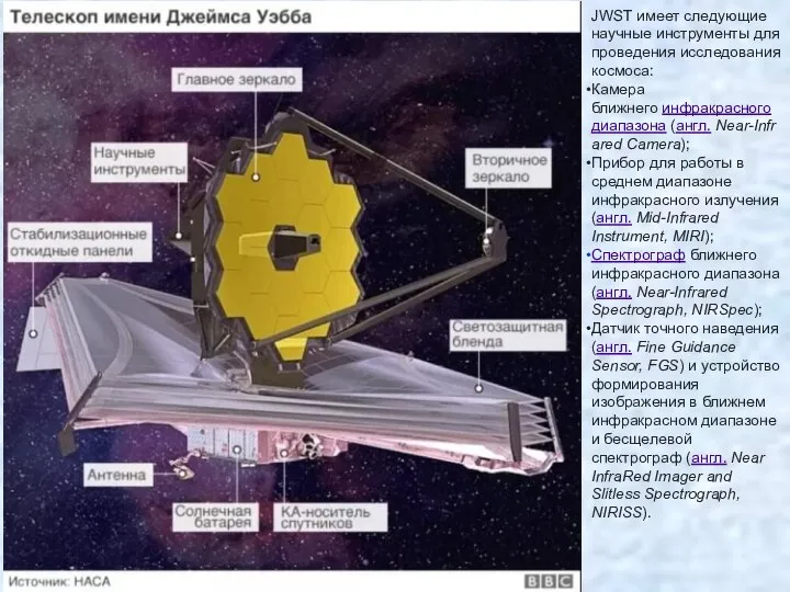 JWST имеет следующие научные инструменты для проведения исследования космоса: Камера ближнего инфракрасного