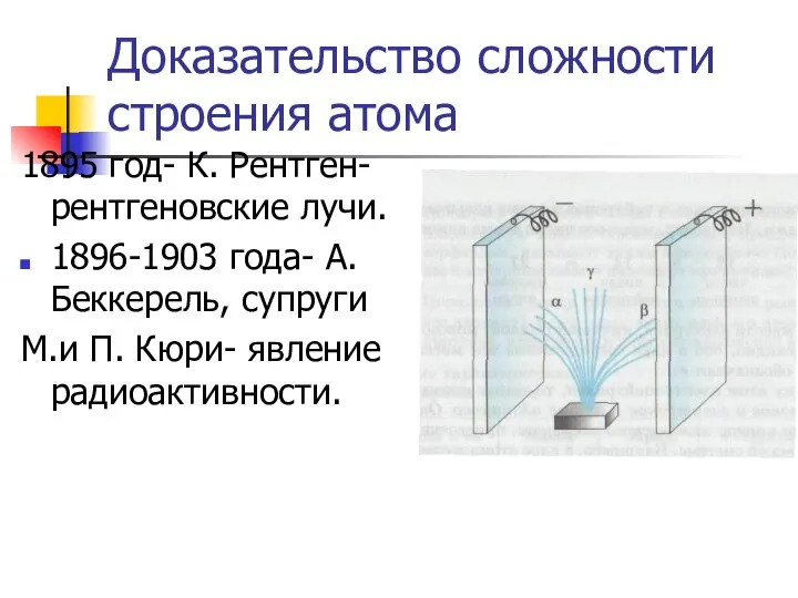 Доказательство сложности строения атома 1895 год- К. Рентген- рентгеновские лучи. 1896-1903 года-