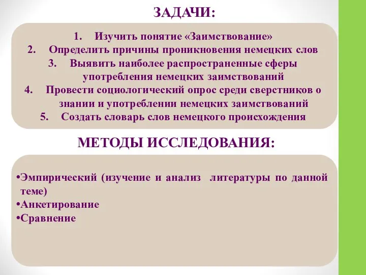 ЗАДАЧИ: МЕТОДЫ ИССЛЕДОВАНИЯ: Изучить понятие «Заимствование» Определить причины проникновения немецких слов Выявить