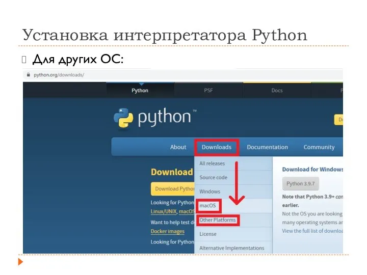 Установка интерпретатора Python Для других ОС: