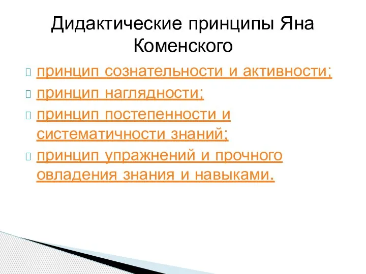 принцип сознательности и активности; принцип наглядности; принцип постепенности и систематичности знаний; принцип