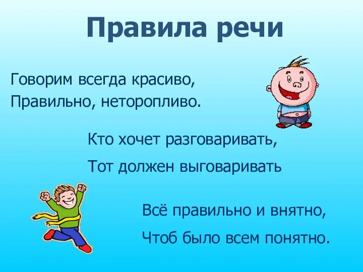 Правила речи Говорим всегда красиво, Правильно, неторопливо. Кто хочет разговаривать, Тот должен