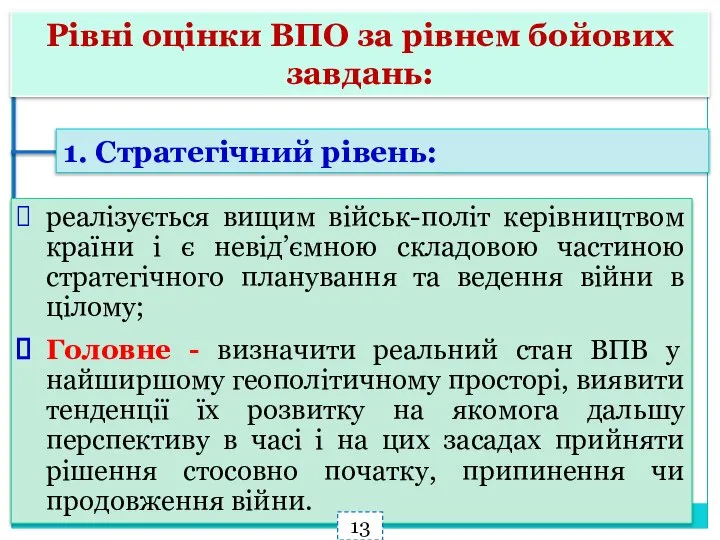 Рівні оцінки ВПО за рівнем бойових завдань: 1. Стратегічний рівень: реалізується вищим