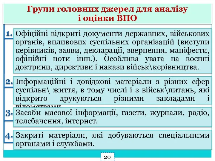 4. 1. 2. 3. Групи головних джерел для аналізу і оцінки ВПО