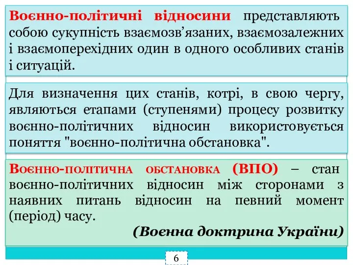 Воєнно-політичні відносини представляють собою сукупність взаємозв’язаних, взаємозалежних і взаємоперехідних один в одного